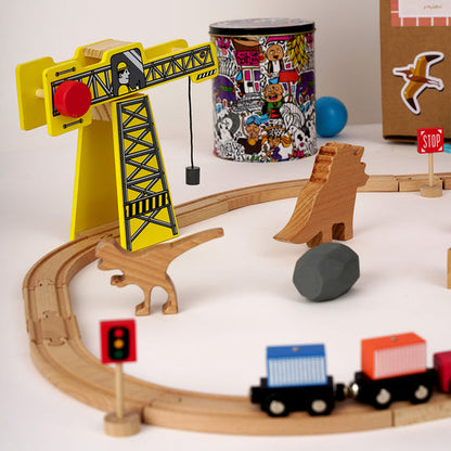 Playbox The Dino Land - Starter pack Wooden Playset Include 20 Wooden Track/3 Trains/3 signals/1 Crane/2 stones/2 Dinosaurs/Wooden Animal Toy Dinosaur for Toddlers for +1 Years
