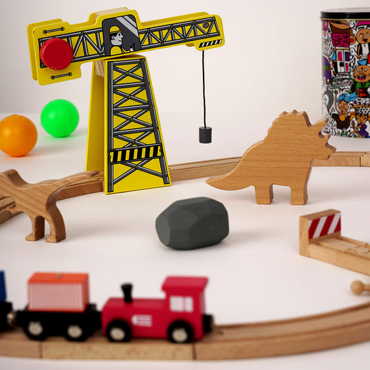 Playbox The Dino Land - Starter pack Wooden Playset Include 20 Wooden Track/3 Trains/3 signals/1 Crane/2 stones/2 Dinosaurs/Wooden Animal Toy Dinosaur for Toddlers for +1 Years