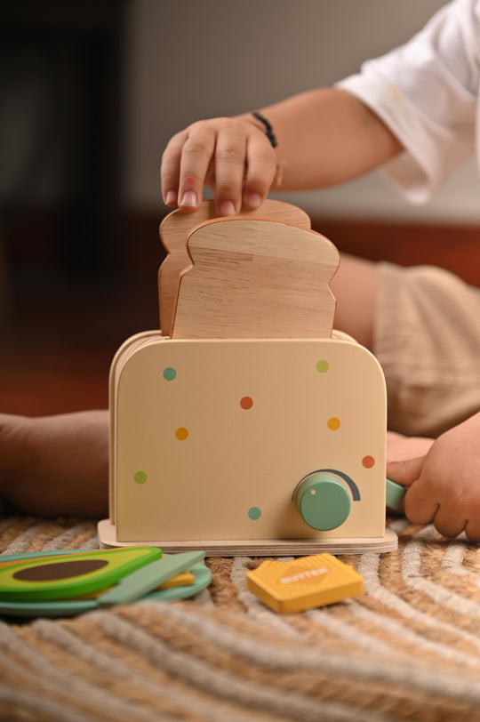 Playbox Roasty Toasty Wooden Toaster Kitchen Set Toddler & Kids Pretend Play Cooking Toy Set (1 Years +) Imagination and Creativity | Kids Toys for Cooking Simulation Educational Toys