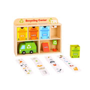 Playbox Tiny Trash Hub | Reduce & Reuse Recycling Center Playset | Wooden Green Garbage Truck Toy and Sorting Bins | Safe, Natural Materials for Environmental Learning, Fine Motor Skills, and Play