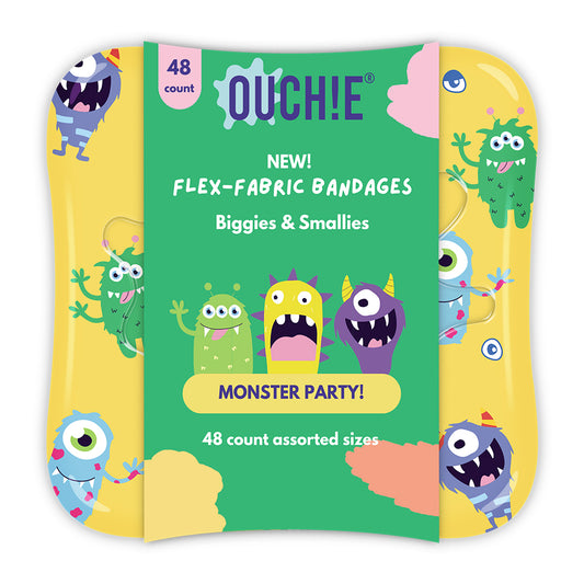OUCHIE Adhesive Flex-Fabric Bandages | Assorted Shapes with Monster Party Prints | Colorful Resuable & Fun Tin Box | 48 Pack