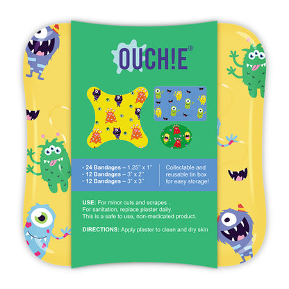 OUCHIE Adhesive Flex-Fabric Bandages | Assorted Shapes with Monster Party Prints | Colorful Resuable & Fun Tin Box | 48 Pack