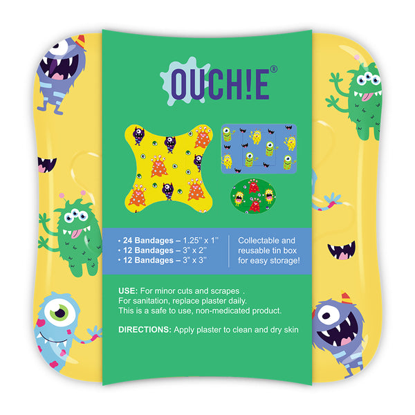 OUCHIE Adhesive Flex-Fabric Bandages | Assorted Shapes with Monster Party Prints | Colorful Resuable & Fun Tin Box | 48 Pack