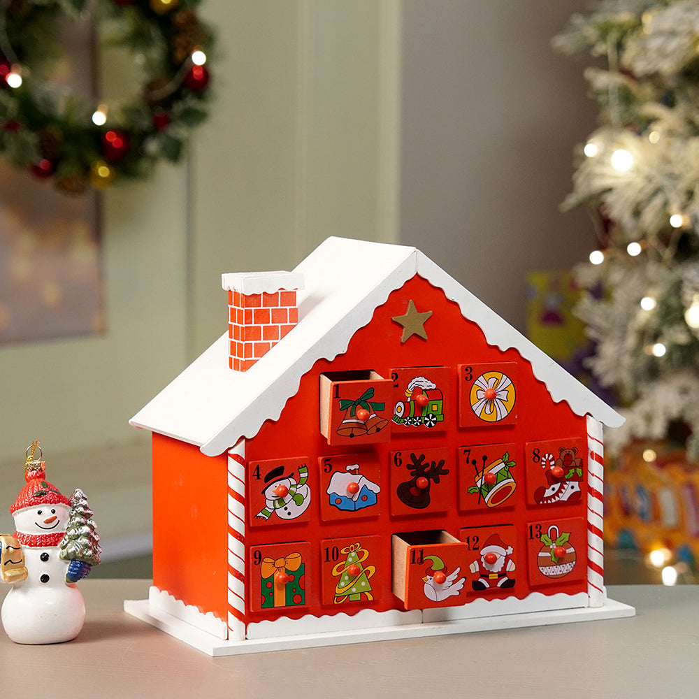 24days Red Snow Home shaped wooden advent Calendar for christmas