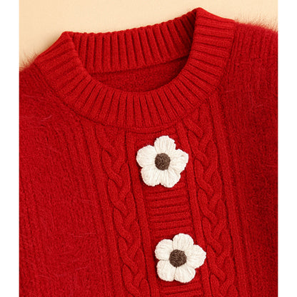 2 Pcs Red 3Flower Sweater Top & Flare Pant, Winterwear set for Girls