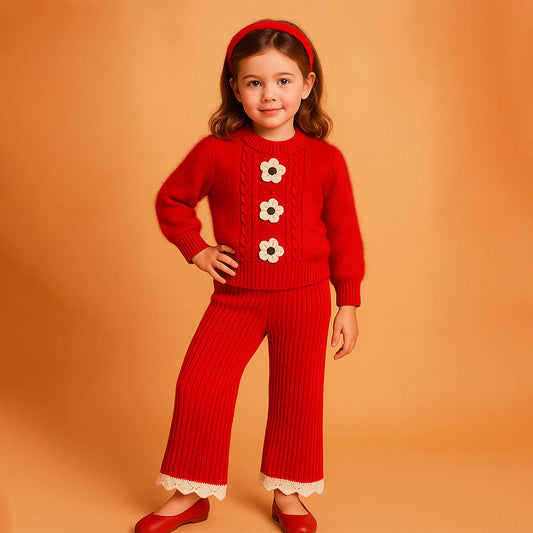 2 Pcs Red 3Flower Sweater Top & Flare Pant, Winterwear set for Girls