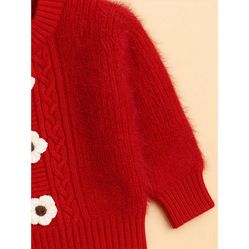 2 Pcs Red 3Flower Sweater Top & Flare Pant, Winterwear set for Girls