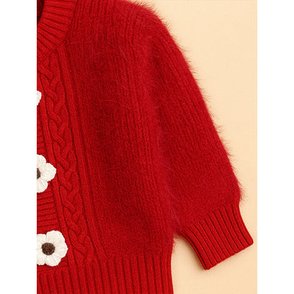 2 Pcs Red 3Flower Sweater Top & Flare Pant, Winterwear set for Girls