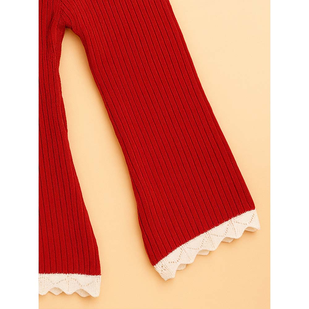 2 Pcs Red 3Flower Sweater Top & Flare Pant, Winterwear set for Girls