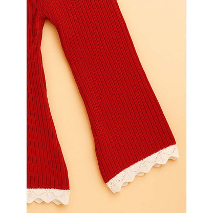 2 Pcs Red 3Flower Sweater Top & Flare Pant, Winterwear set for Girls