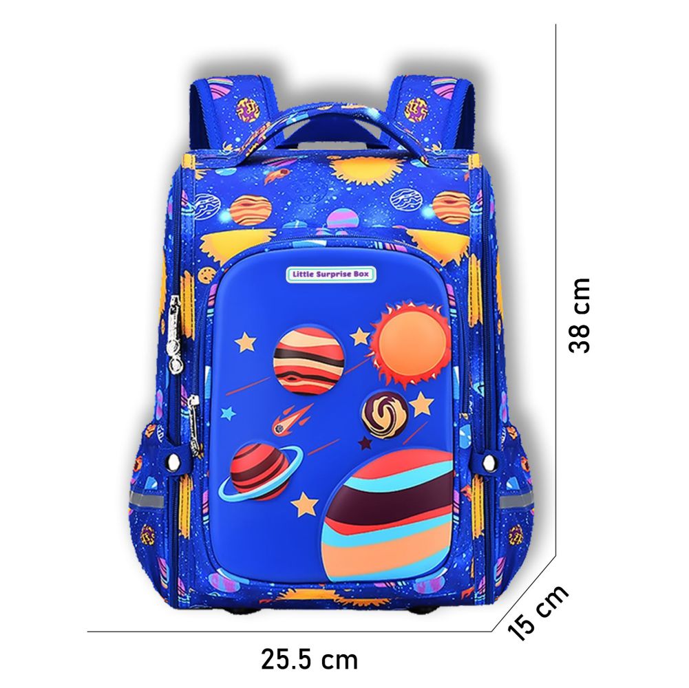 Little Surprise Box, Blue 2d Pop Space Planets School Backpack for Kids, 6yrs - 10yrs