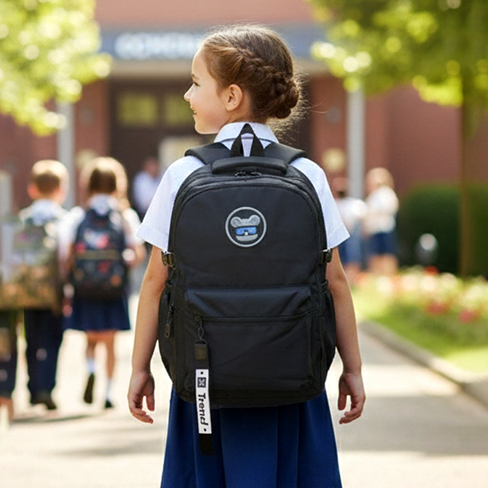 Solid Black Ted Glasses Badge School Backpack for Older Kids & Teens