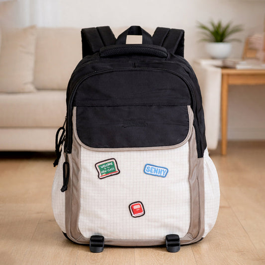 Black & Brown Badge styled School Backpack for Kids & Teens