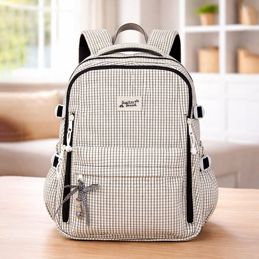 Black & Cream Checkered School Backpack with Bow & Heart Keychain for Kids & Teens