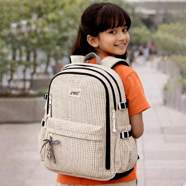 Black & Cream Checkered School Backpack with Bow & Heart Keychain for Kids & Teens