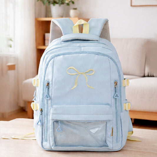 Pastel Blue Bow Multi-Pocket School Backpack for Kids & Teens