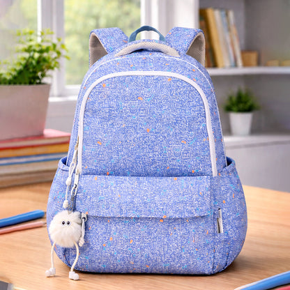 Blue Doodle Print School Backpack with Plush Pom-Pom Keychain for Kids & Teens