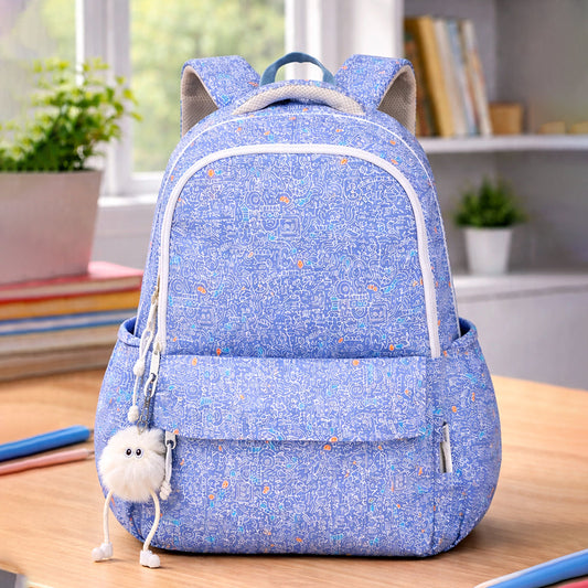 Blue Doodle Print School Backpack with Plush Pom-Pom Keychain for Kids & Teens