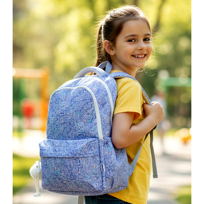 Blue Doodle Print School Backpack with Plush Pom-Pom Keychain for Kids & Teens