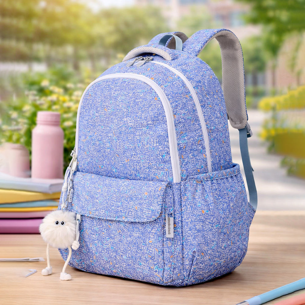 Blue Doodle Print School Backpack with Plush Pom-Pom Keychain for Kids & Teens