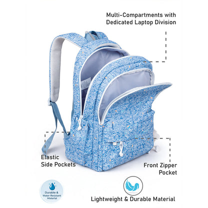 Blue Doodle Print School Backpack with Plush Pom-Pom Keychain for Kids & Teens