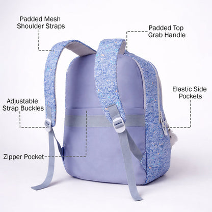 Blue Doodle Print School Backpack with Plush Pom-Pom Keychain for Kids & Teens