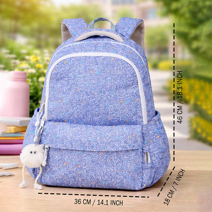Blue Doodle Print School Backpack with Plush Pom-Pom Keychain for Kids & Teens