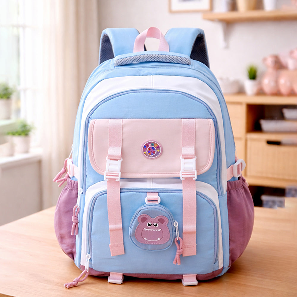 Blue, Pink & Purple Color-Block with Character Pouch School Backpack for Kids