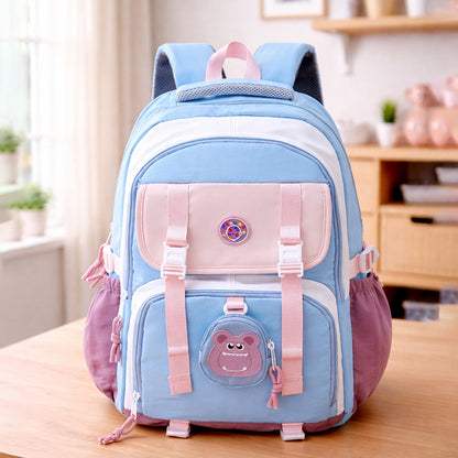 Blue, Pink & Purple Color-Block with Character Pouch School Backpack for Kids