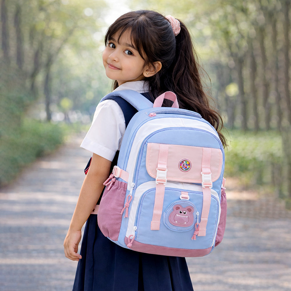 Blue, Pink & Purple Color-Block with Character Pouch School Backpack for Kids
