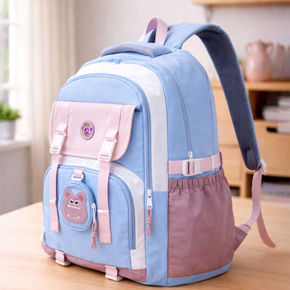 Blue, Pink & Purple Color-Block with Character Pouch School Backpack for Kids