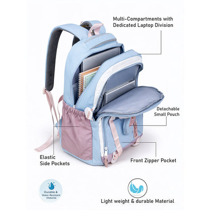 Blue, Pink & Purple Color-Block with Character Pouch School Backpack for Kids