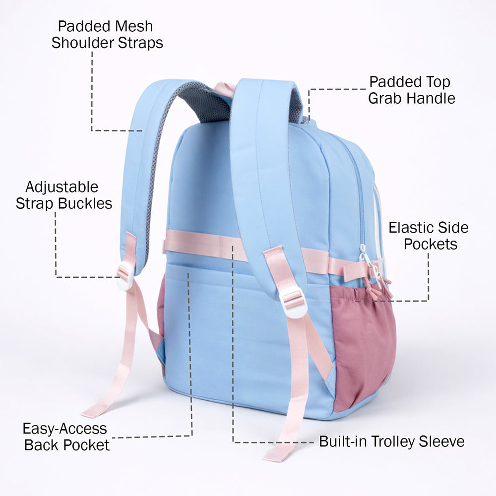 Blue, Pink & Purple Color-Block with Character Pouch School Backpack for Kids