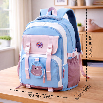 Blue, Pink & Purple Color-Block with Character Pouch School Backpack for Kids