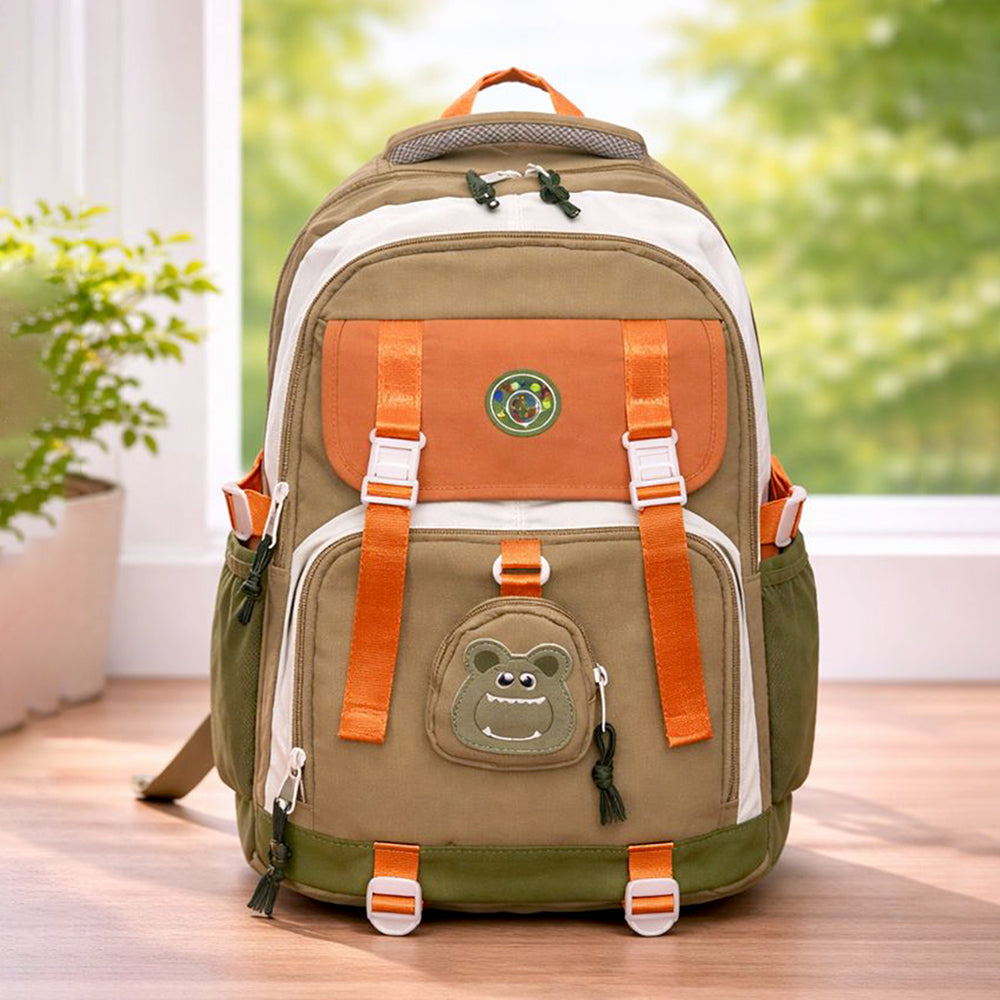 Orange, Brown & Green Color-Block with Character Pouch School Backpack for Kids