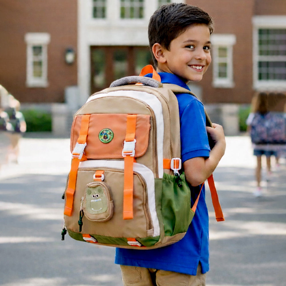 Orange, Brown & Green Color-Block with Character Pouch School Backpack for Kids