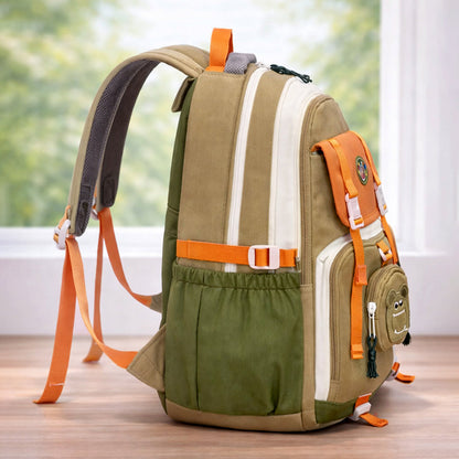 Orange, Brown & Green Color-Block with Character Pouch School Backpack for Kids
