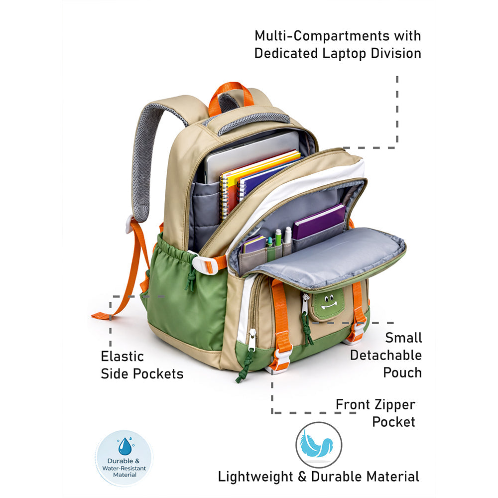 Orange, Brown & Green Color-Block with Character Pouch School Backpack for Kids