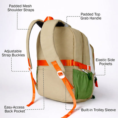 Orange, Brown & Green Color-Block with Character Pouch School Backpack for Kids