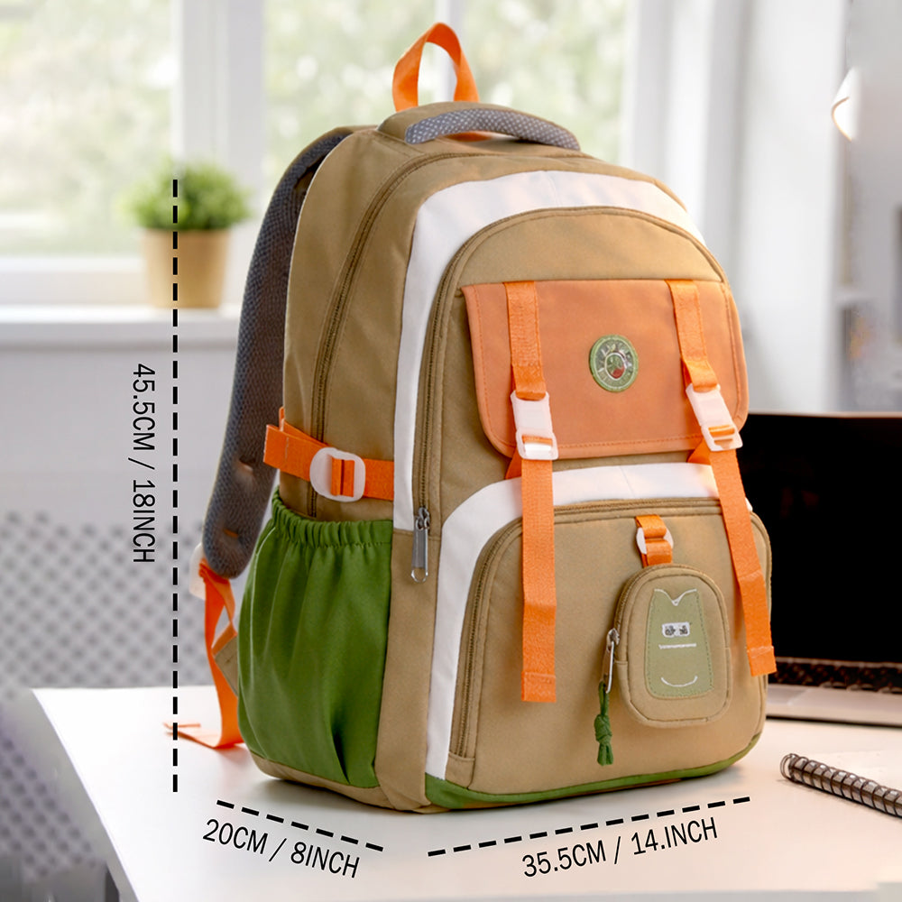Orange, Brown & Green Color-Block with Character Pouch School Backpack for Kids