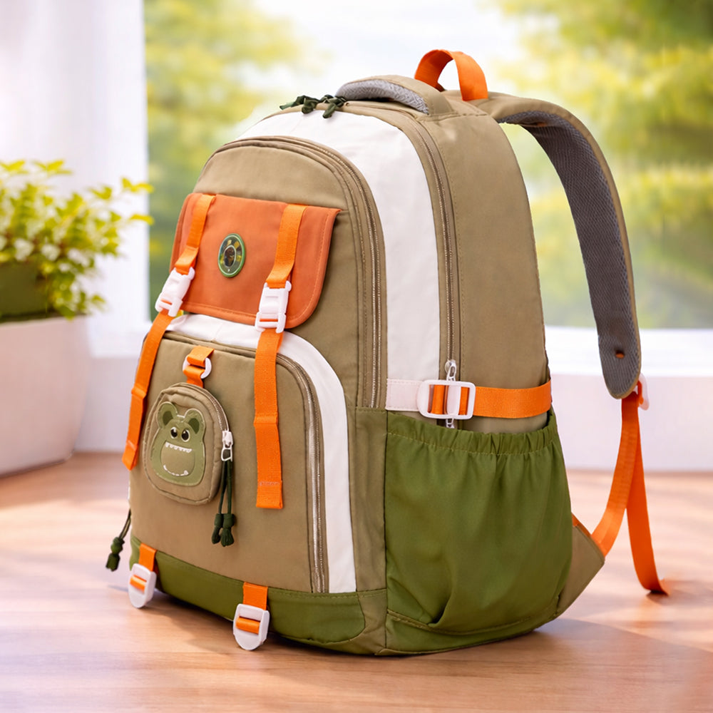 Orange, Brown & Green Color-Block with Character Pouch School Backpack for Kids