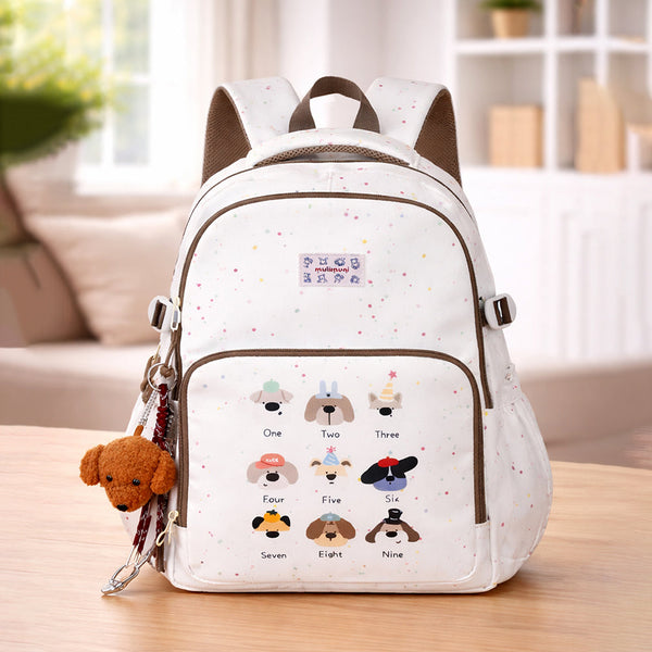 White Colorful Dots Doggy Print Backpack with Detachable Plush Dog Keychain for Kids