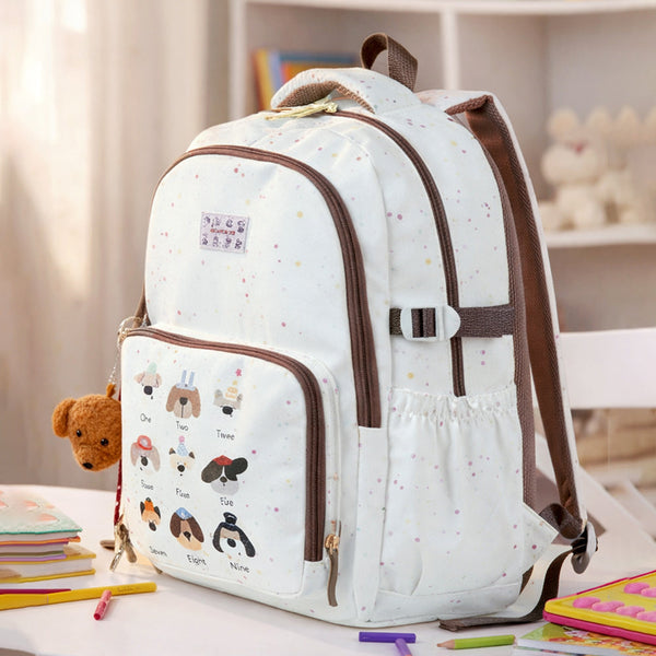 White Colorful Dots Doggy Print Backpack with Detachable Plush Dog Keychain for Kids