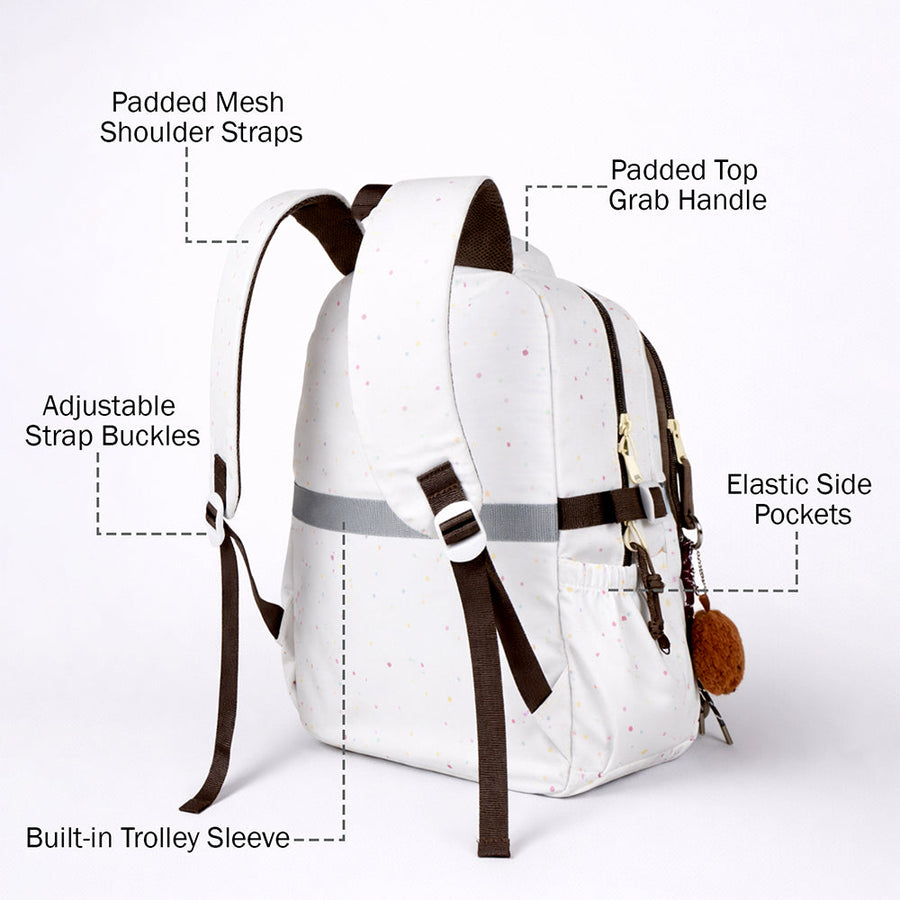 White Colorful Dots Doggy Print Backpack with Detachable Plush Dog Keychain for Kids