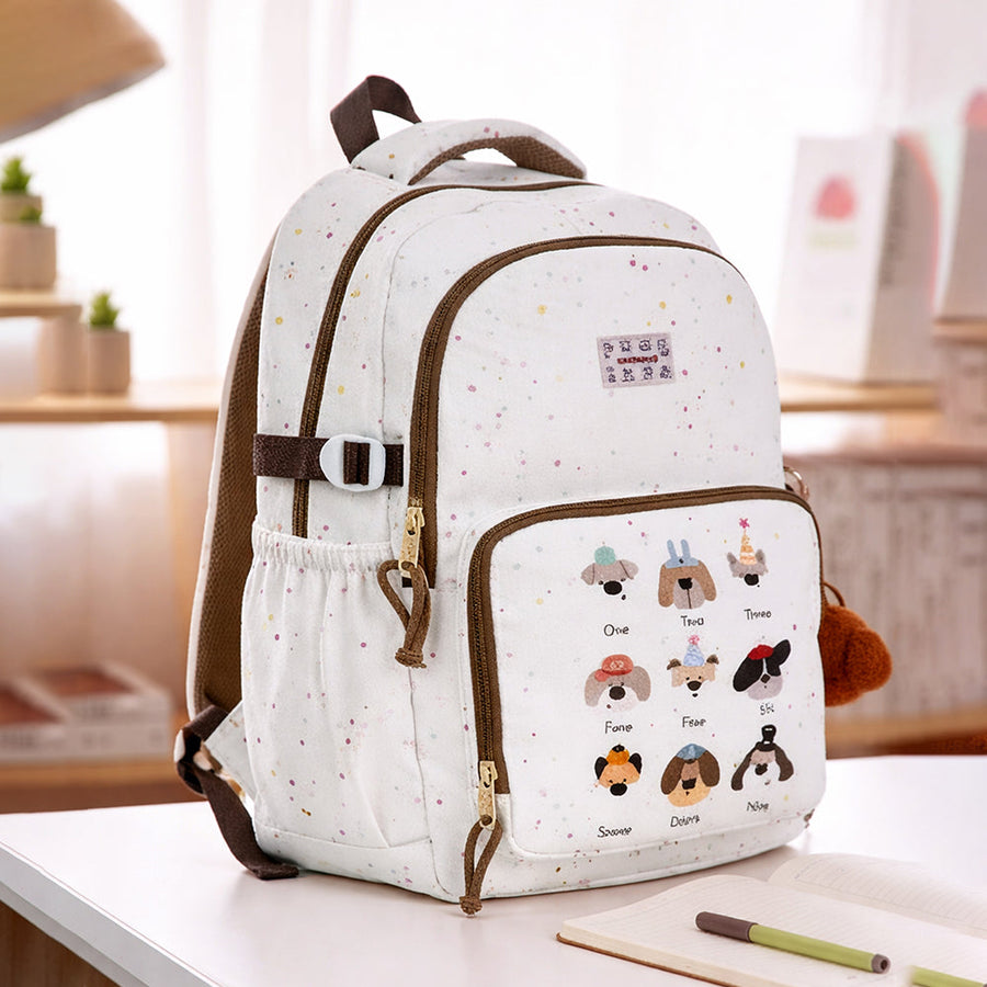 White Colorful Dots Doggy Print Backpack with Detachable Plush Dog Keychain for Kids
