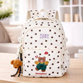Cream Polka Dot Honey Bear Print School Backpack with Detachable Plush Dog Keychain for Kids