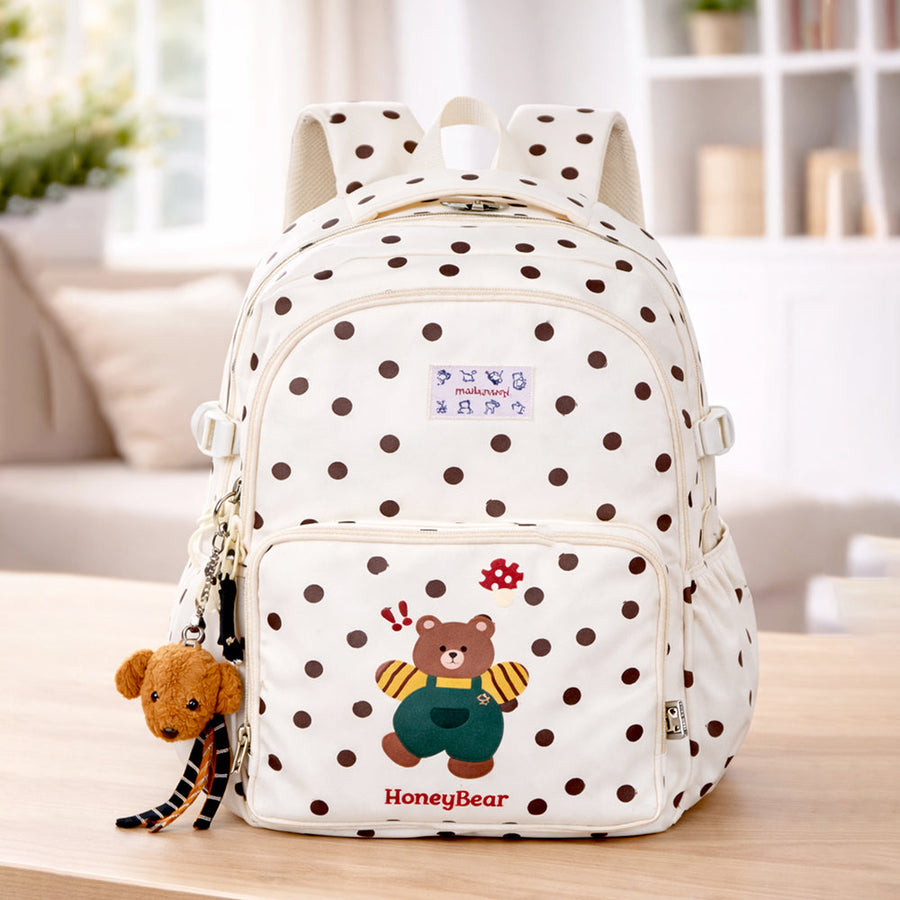 Cream Polka Dot Honey Bear Print School Backpack with Detachable Plush Dog Keychain for Kids