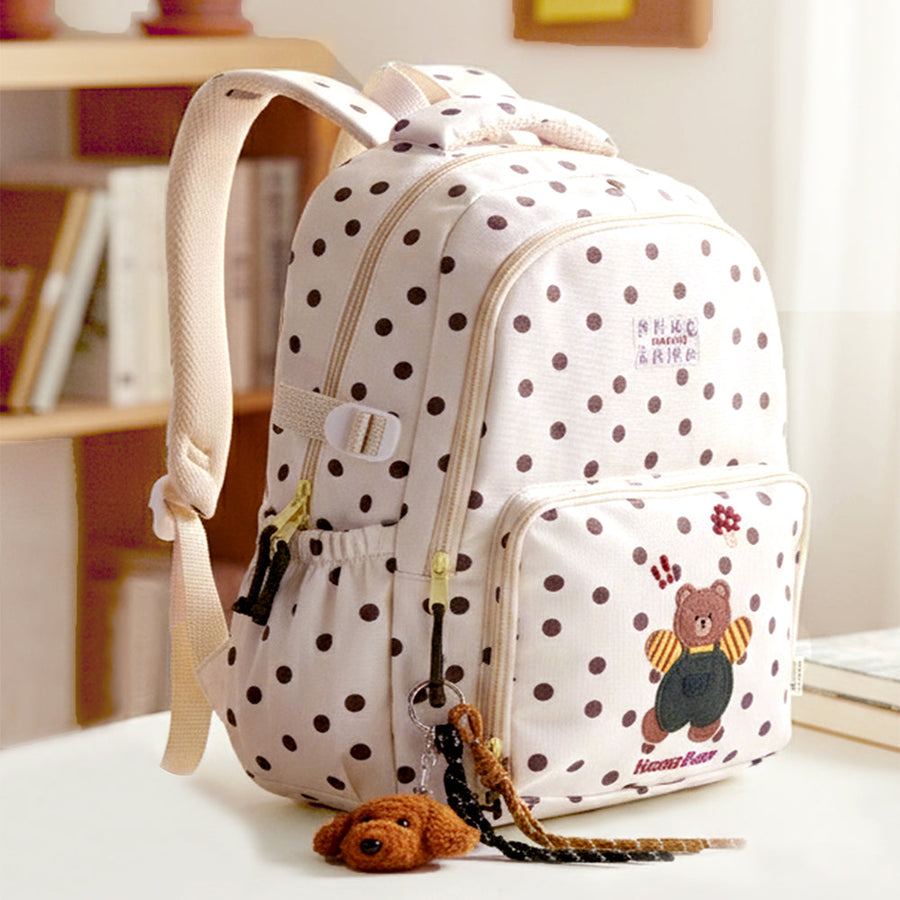 Cream Polka Dot Honey Bear Print School Backpack with Detachable Plush Dog Keychain for Kids