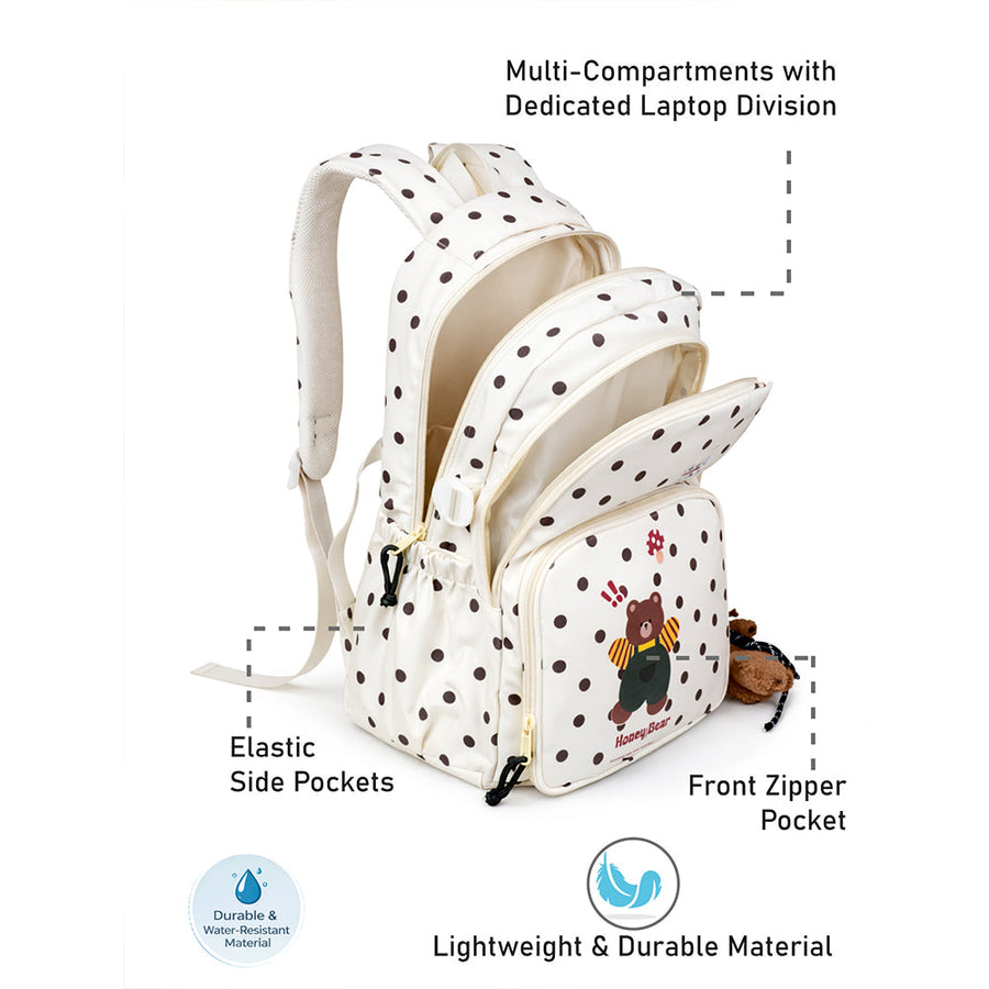 Cream Polka Dot Honey Bear Print School Backpack with Detachable Plush Dog Keychain for Kids
