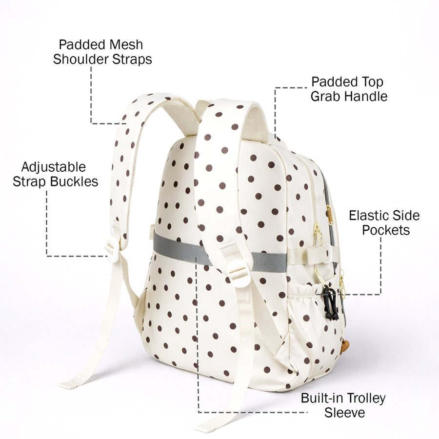 Cream Polka Dot Honey Bear Print School Backpack with Detachable Plush Dog Keychain for Kids